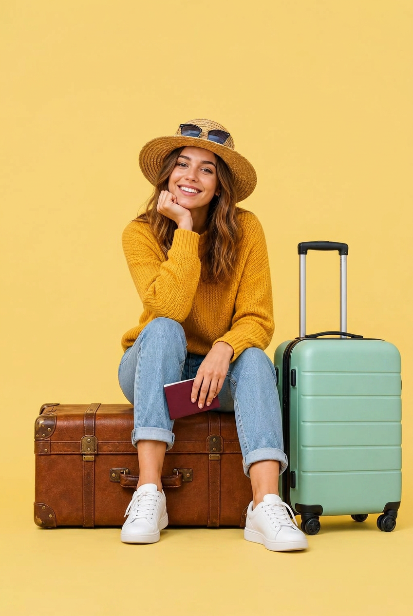Woman traveller seated on a vintage suitcase with her rolling case beside her