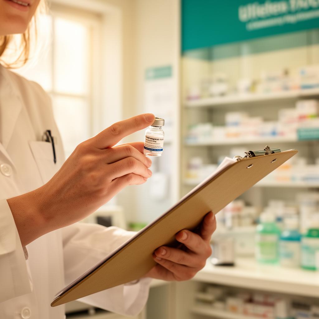 Pharmacist holding a small vaccine vial