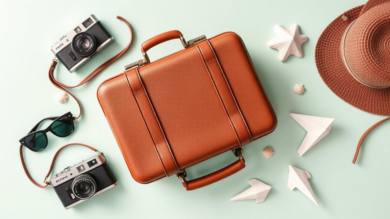 Travel flatlay with suitcase, camera and sunglasses